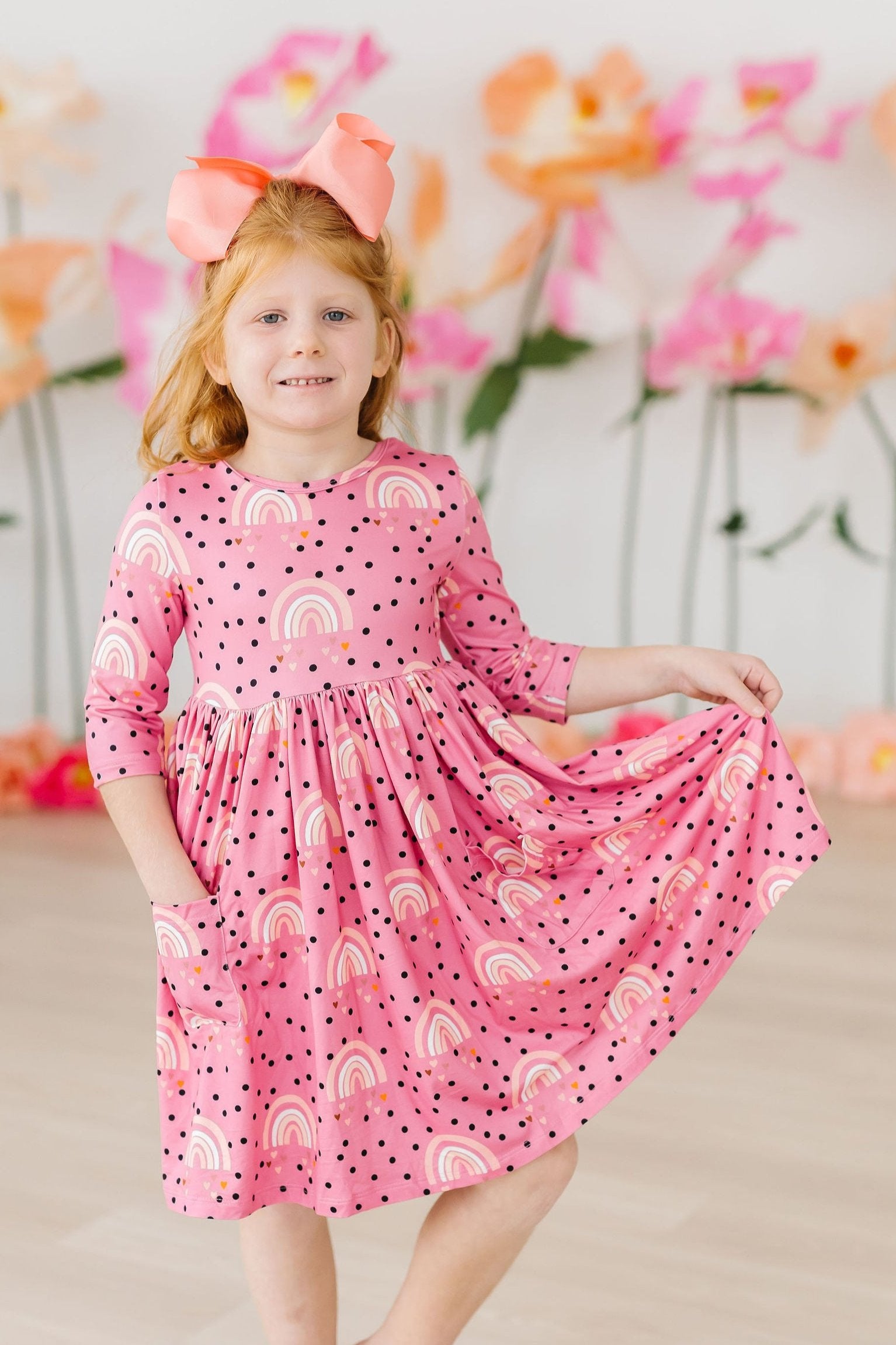 Girls' Rainbow Wishes 3/4 Sleeve Pocket Twirl Dress Size: 4T Toddler By Mila & Rose