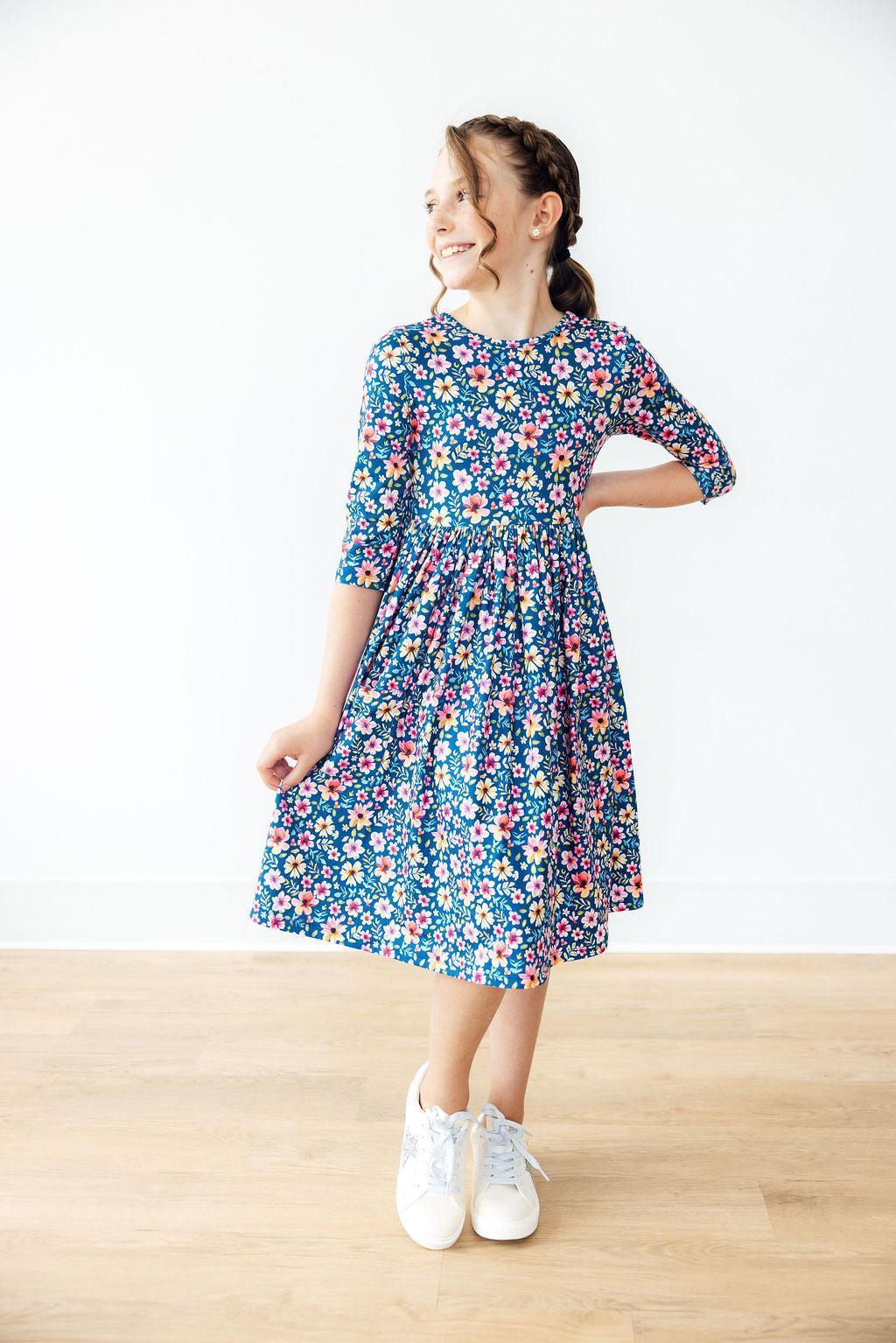 Girls' Rainforest Blooms 3/4 Sleeve Pocket Twirl Dress Size: 6-12M by Mila & Rose