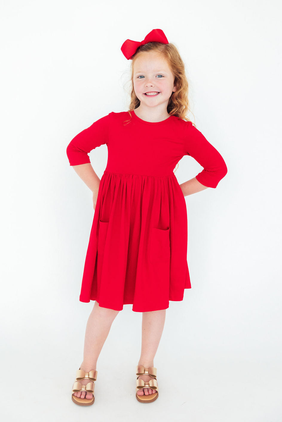 Red 3/4 Sleeve Pocket Twirl Dress-Mila & Rose ®