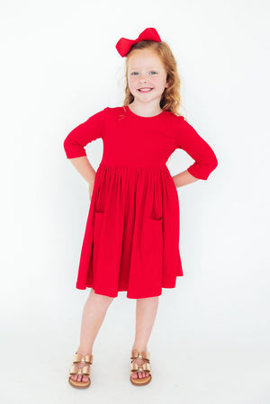 Red 3/4 Sleeve Pocket Twirl Dress-Mila & Rose ®