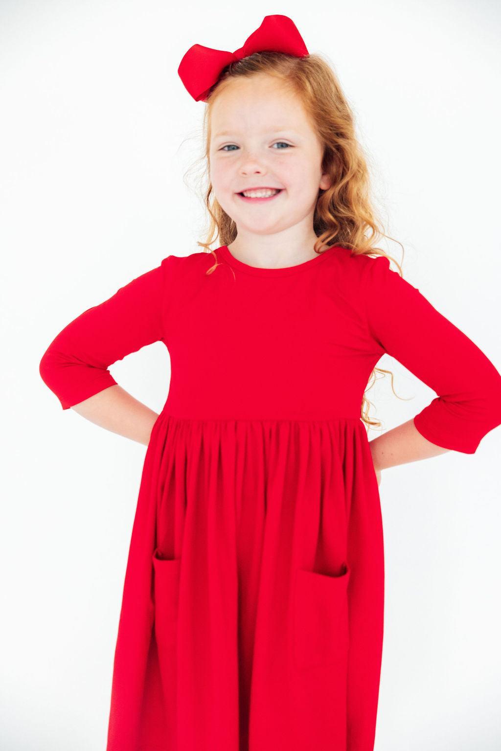 Red 3/4 Sleeve Pocket Twirl Dress-Mila & Rose ®