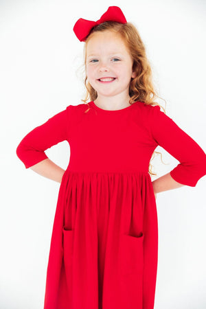 Red 3/4 Sleeve Pocket Twirl Dress-Mila & Rose ®