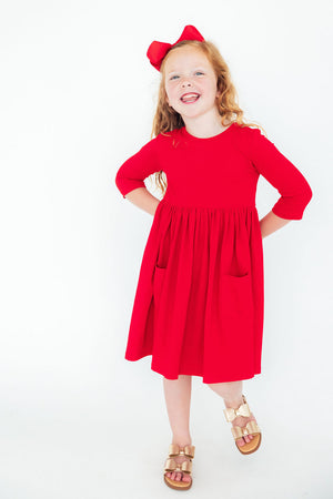 Red 3/4 Sleeve Pocket Twirl Dress-Mila & Rose ®