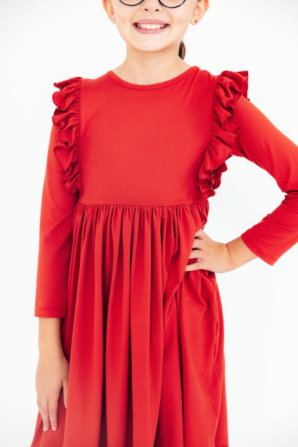 Red L/S Ruffle Twirl Dress-Mila & Rose ®