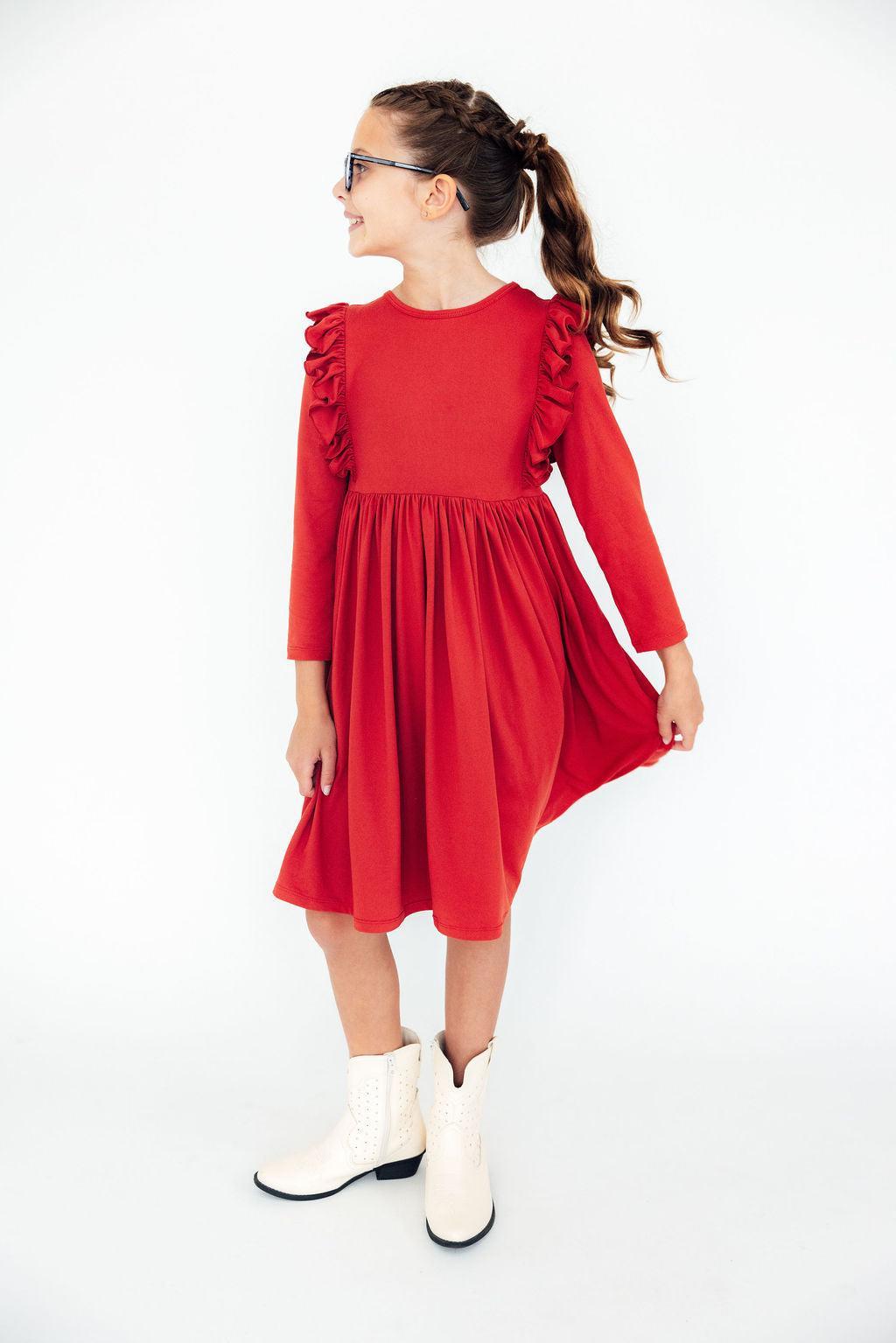 Red L/S Ruffle Twirl Dress-Mila & Rose ®