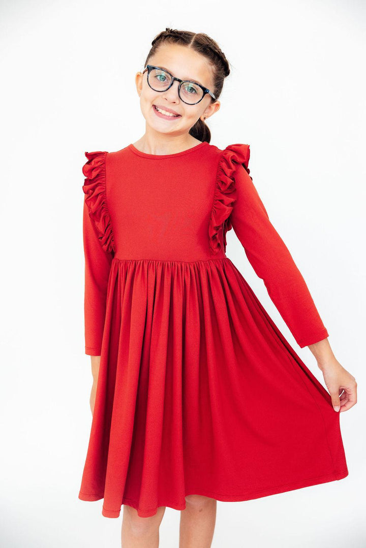 Red L/S Ruffle Twirl Dress-Mila & Rose ®
