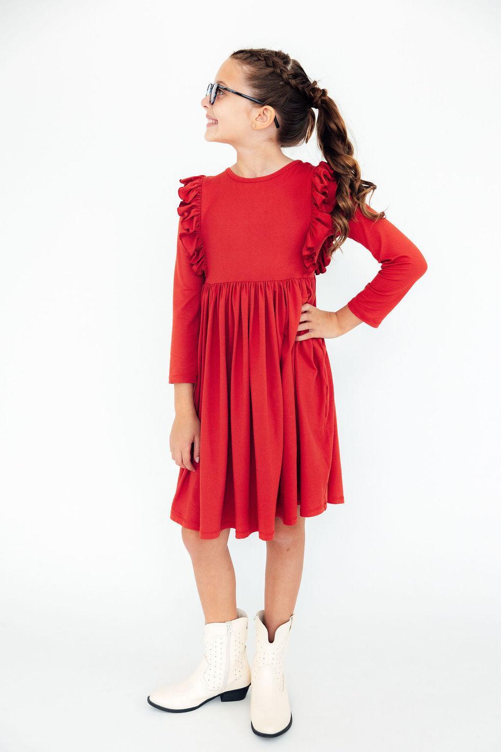 Red L/S Ruffle Twirl Dress-Mila & Rose ®