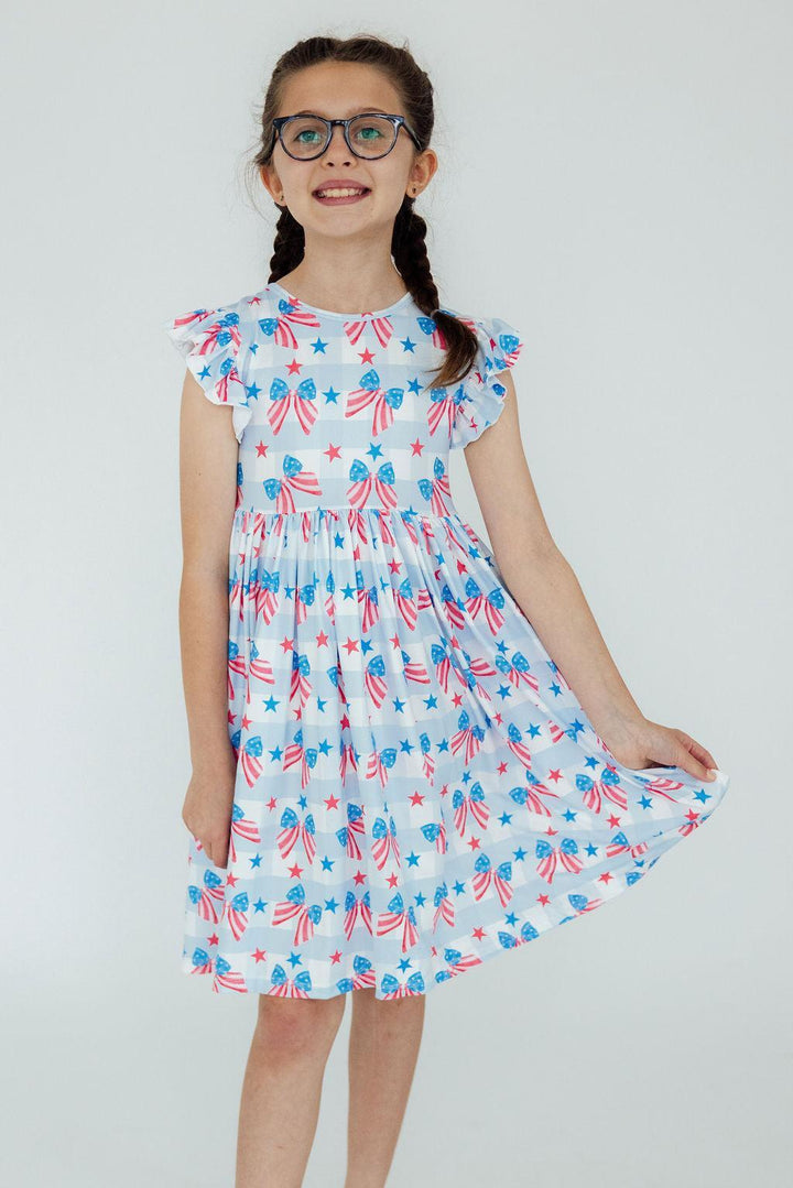 Red, White & Bows Flutter Sleeve Twirl Dress-Mila & Rose ®