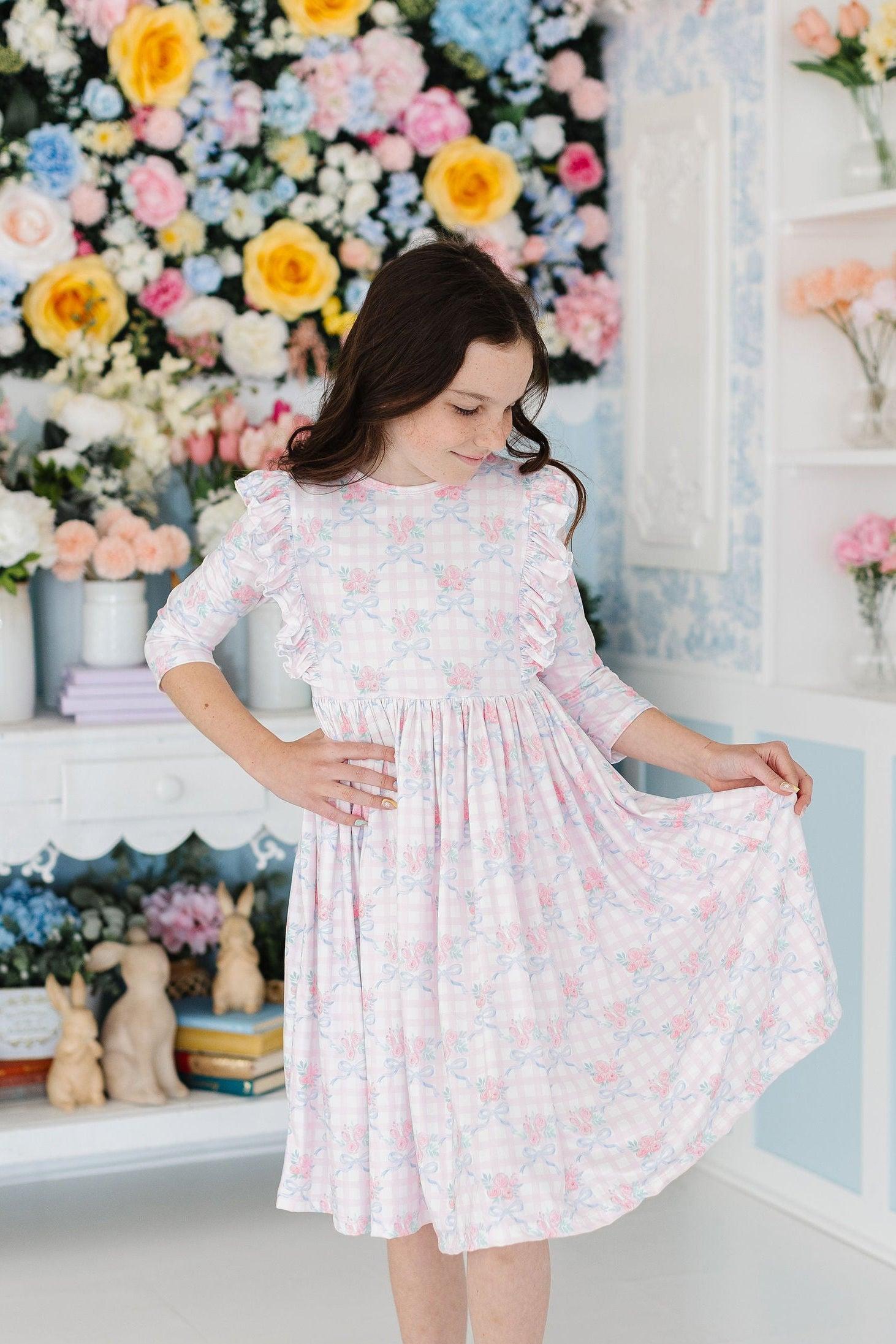 Ribbons & Roses 3/4 Sleeve Ruffle Twirl Dress-Mila & Rose ®