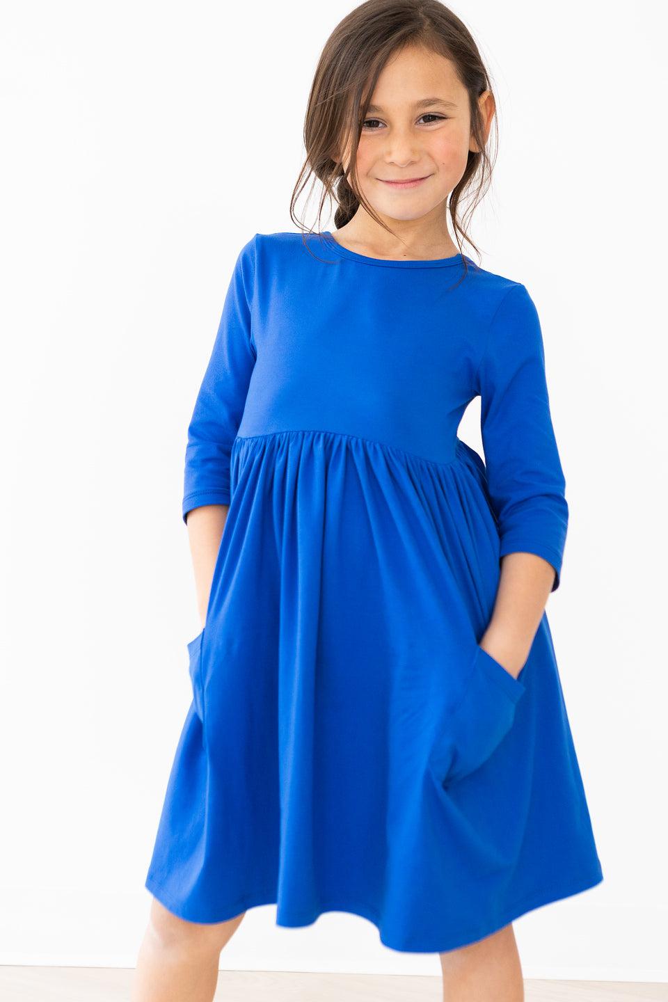 Royal Blue 3/4 Sleeve Pocket Twirl Dress-Mila & Rose ®