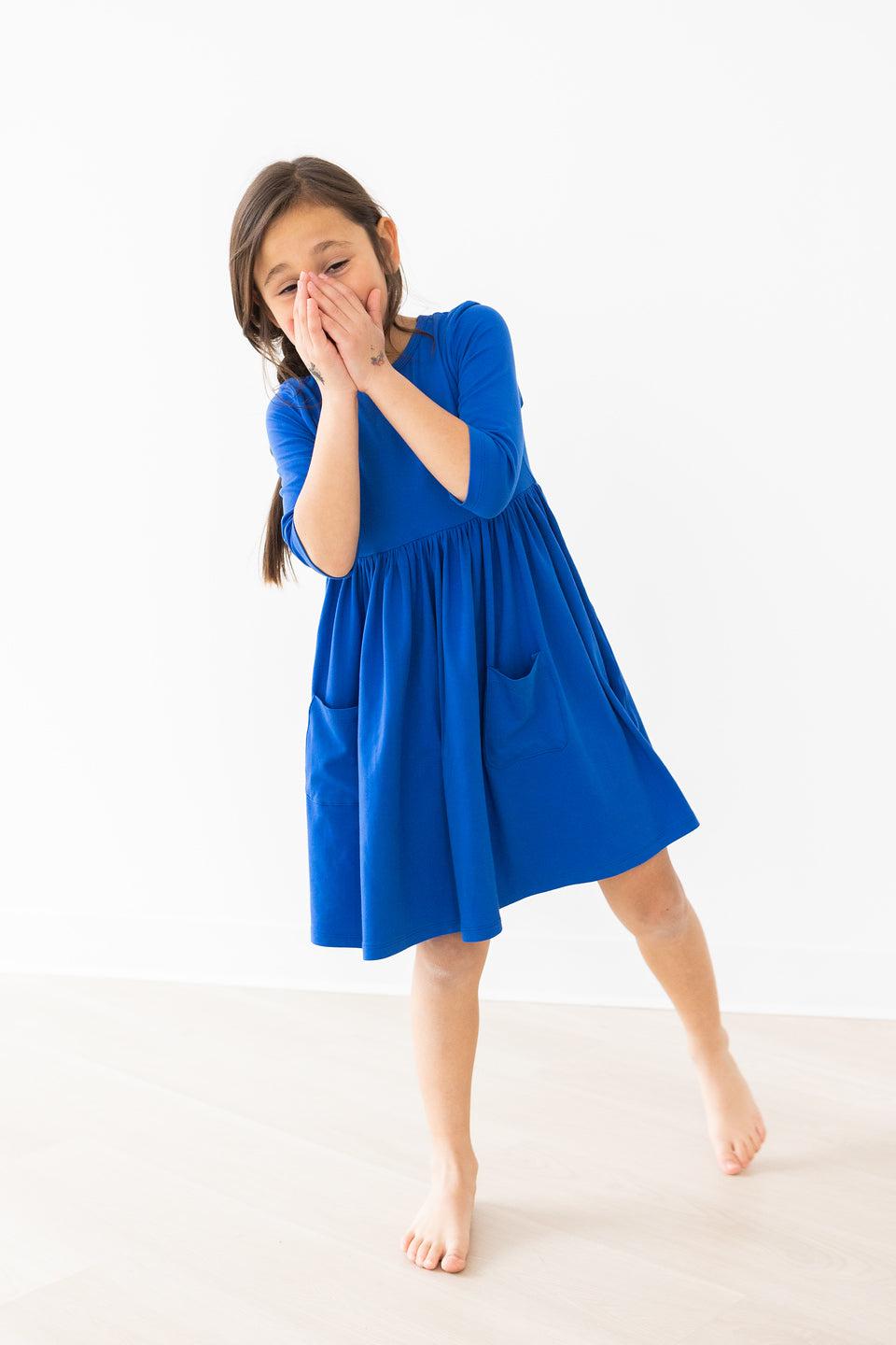 Royal Blue 3/4 Sleeve Pocket Twirl Dress-Mila & Rose ®