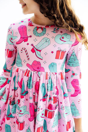 (S) Christmas Cowgirl L/S Pocket Twirl Dress-Mila & Rose ®