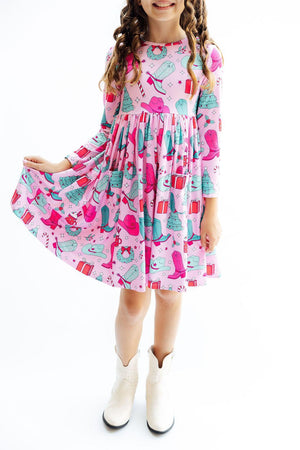 (S) Christmas Cowgirl L/S Pocket Twirl Dress-Mila & Rose ®
