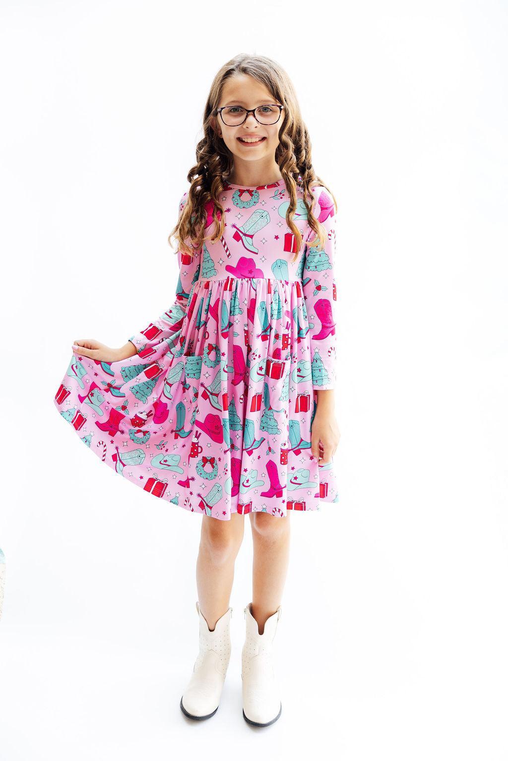 (S) Christmas Cowgirl L/S Pocket Twirl Dress-Mila & Rose ®