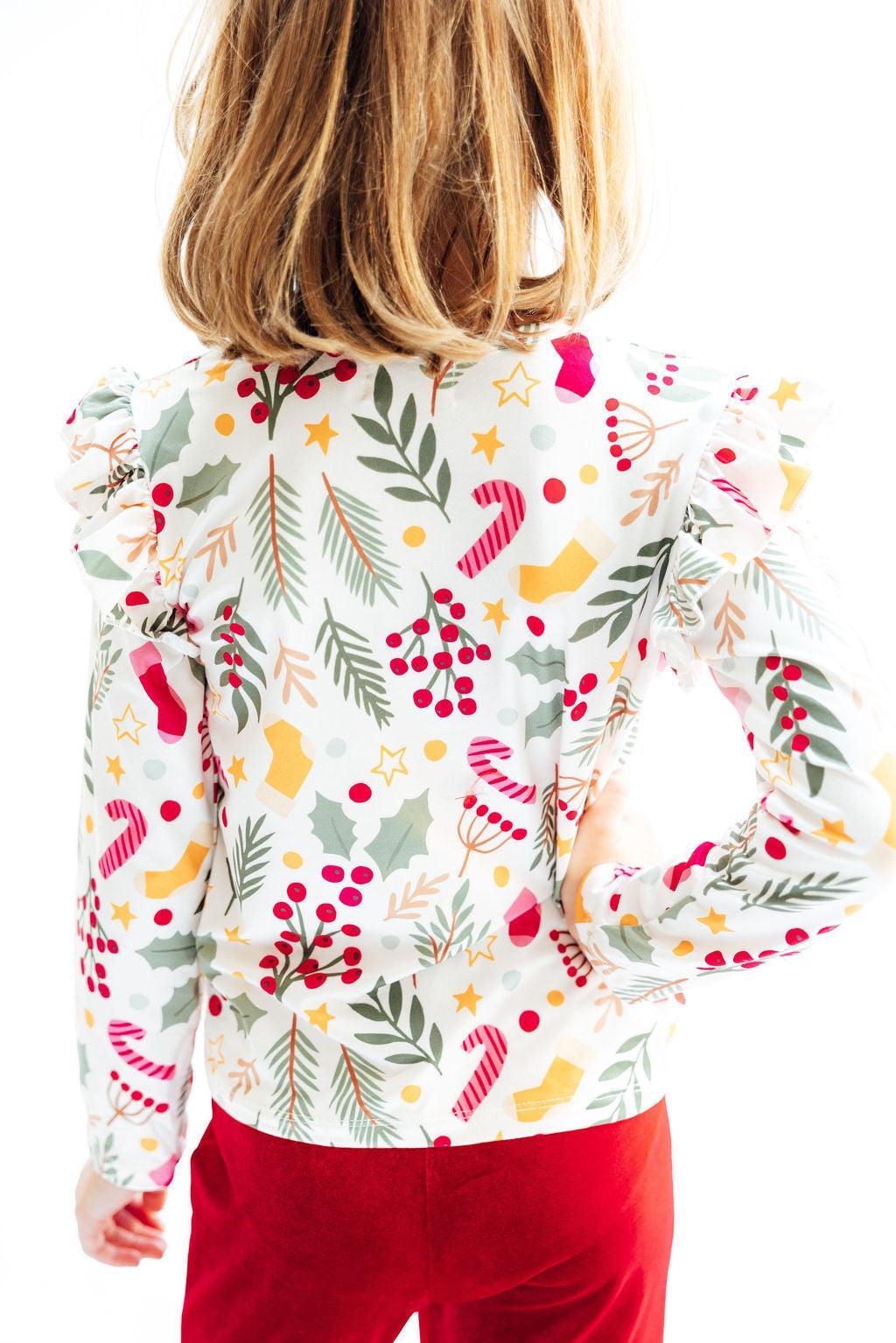 (S) Holly Jolly Christmas L/S Ruffle Tee-Mila & Rose ®