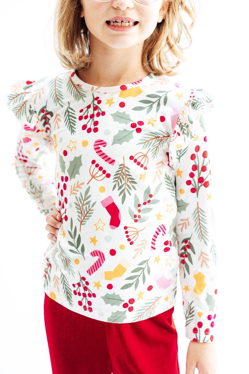 (S) Holly Jolly Christmas L/S Ruffle Tee-Mila & Rose ®