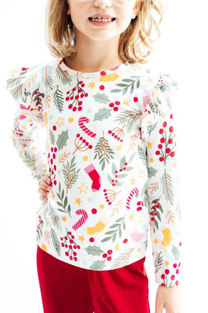 (S) Holly Jolly Christmas L/S Ruffle Tee-Mila & Rose ®