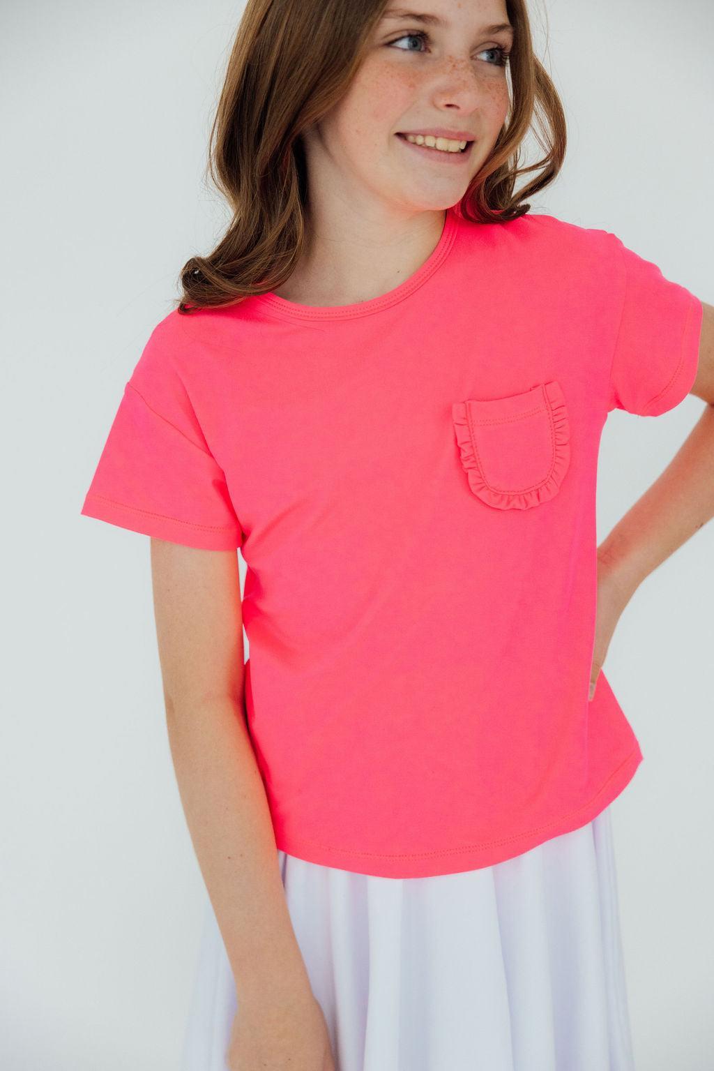 (S) Neon Pink Ruffle Pocket Tee-Mila & Rose ®