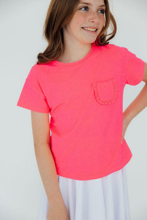 (S) Neon Pink Ruffle Pocket Tee-Mila & Rose ®