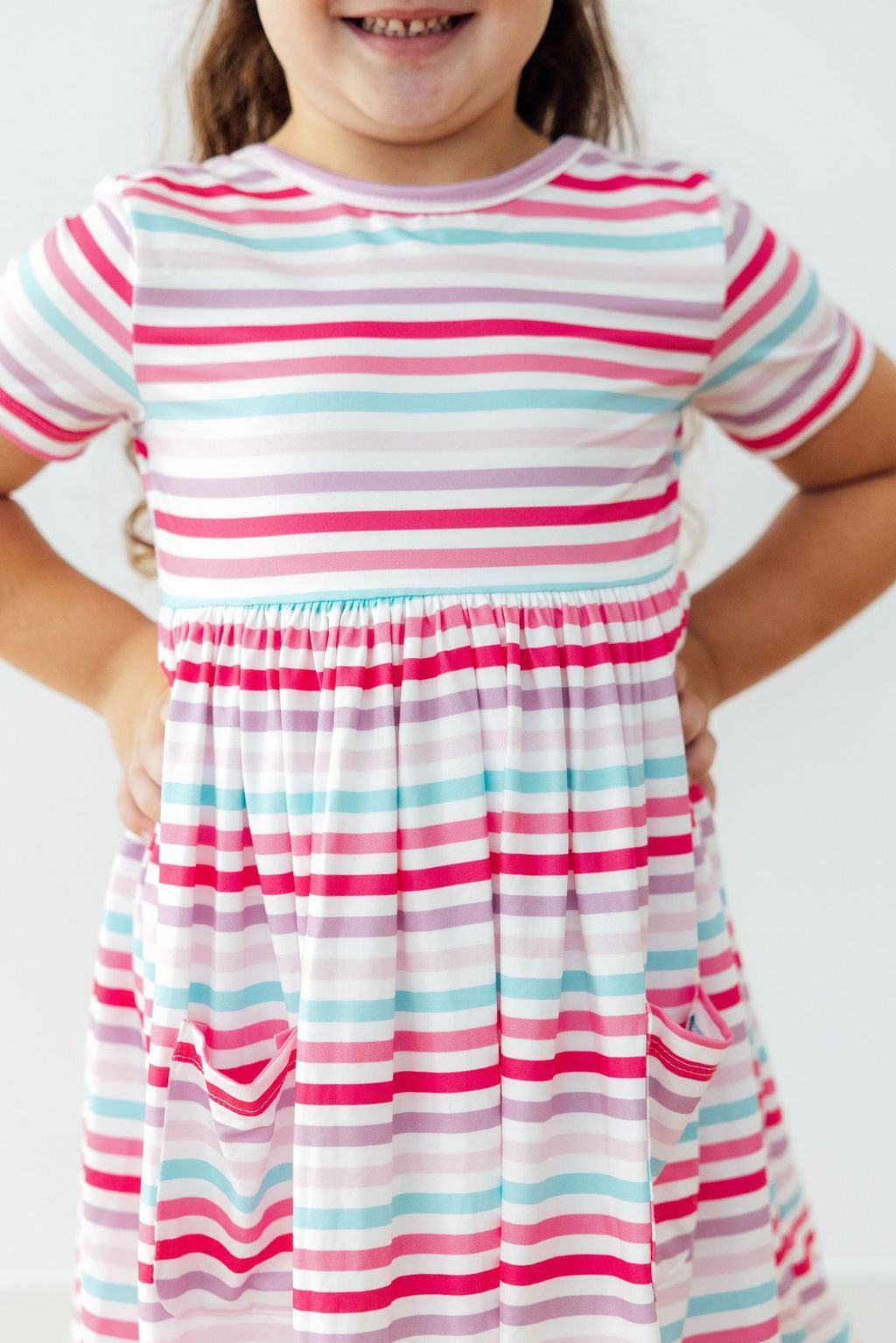 (S) Pastel Stripes S/S Pocket Twirl Dress-Mila & Rose ®