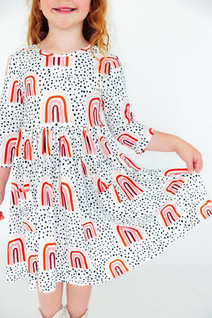 (S) Peach Rainbow 3/4 Sleeve Pocket Twirl Dress-Mila & Rose ®