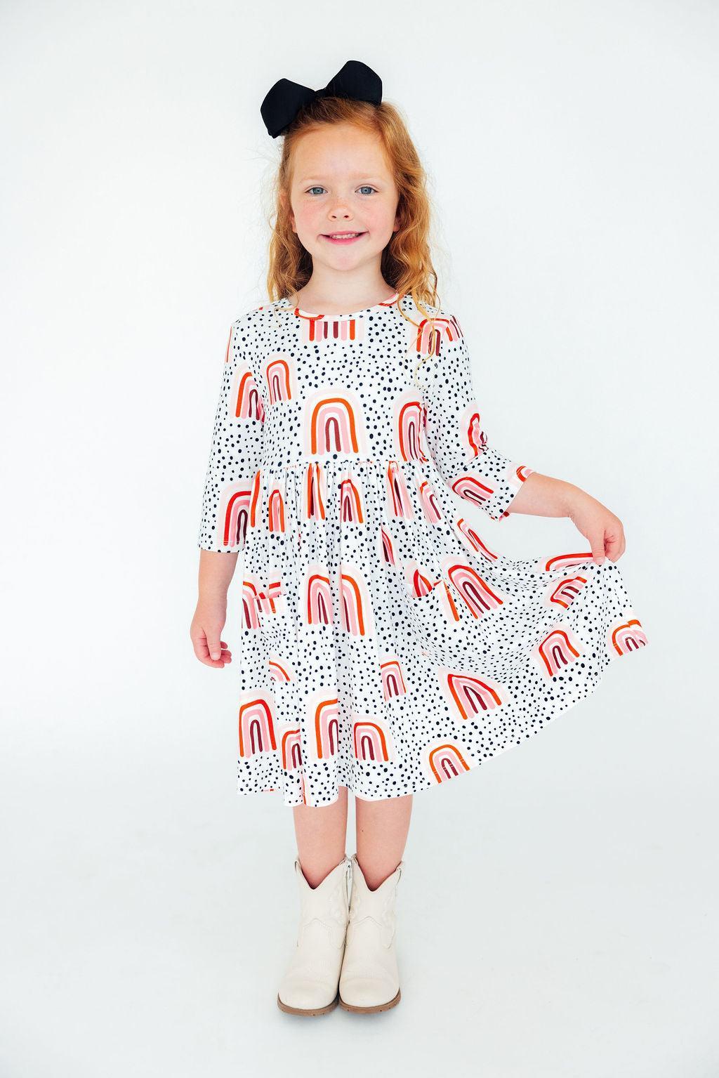 (S) Peach Rainbow 3/4 Sleeve Pocket Twirl Dress-Mila & Rose ®