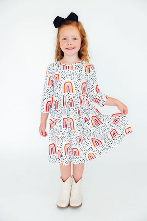 (S) Peach Rainbow 3/4 Sleeve Pocket Twirl Dress-Mila & Rose ®