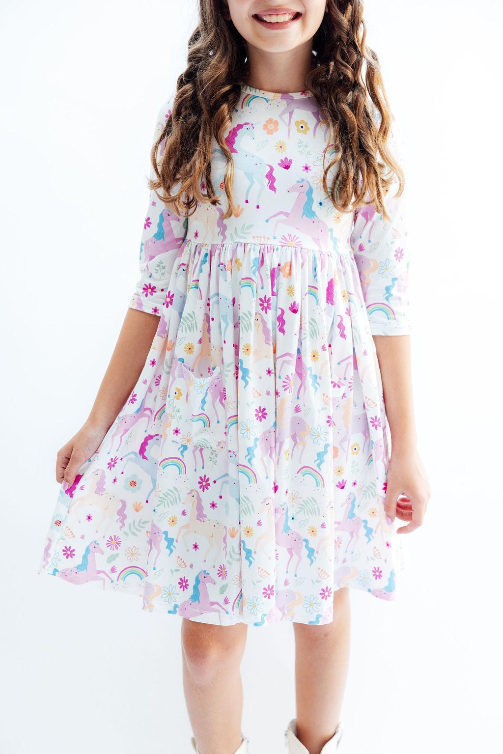 (S) Rainbow Vibes 3/4 Sleeve Pocket Twirl Dress-Mila & Rose ®