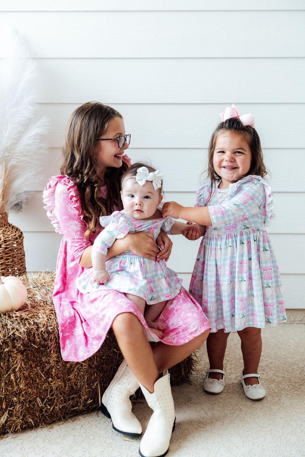 Girls' Pumpkin Picnic 3/4 Sleeve Ruffle Twirl Dress Size: 4T Toddler By Mila & Rose Girls' Pumpkin Picnic 3/4 Sleeve Ruffle Twirl Dress Size: 4T Toddler By Mila & Rose