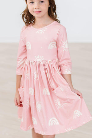 SALE Soft Pink Suns 3/4 Sleeve Pocket Twirl Dress-Mila & Rose ®