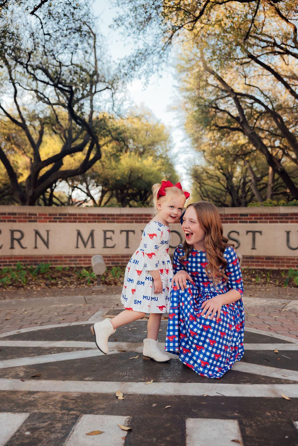 SMU Plaid Mustang 3/4 Sleeve Pocket Twirl Dress-Mila & Rose ®