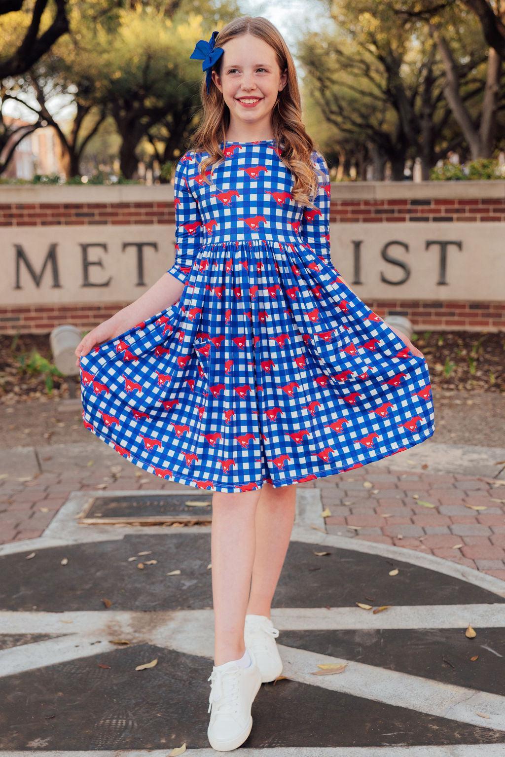 Girls' Smu Plaid Mustang 3/4 Sleeve Pocket Twirl Dress Size: 9/10 By Mila & Rose Girls' Smu Plaid Mustang 3/4 Sleeve Pocket Twirl Dress Size: 9/10 By Mila & Rose