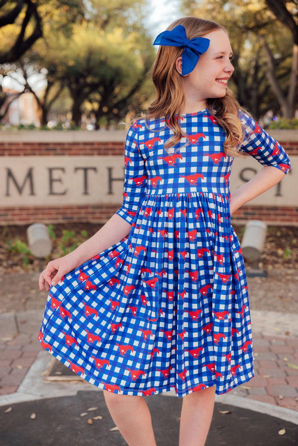 SMU Plaid Mustang 3/4 Sleeve Pocket Twirl Dress-Mila & Rose ®