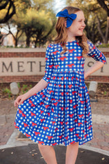 SMU Plaid Mustang 3/4 Sleeve Pocket Twirl Dress-Mila & Rose ®