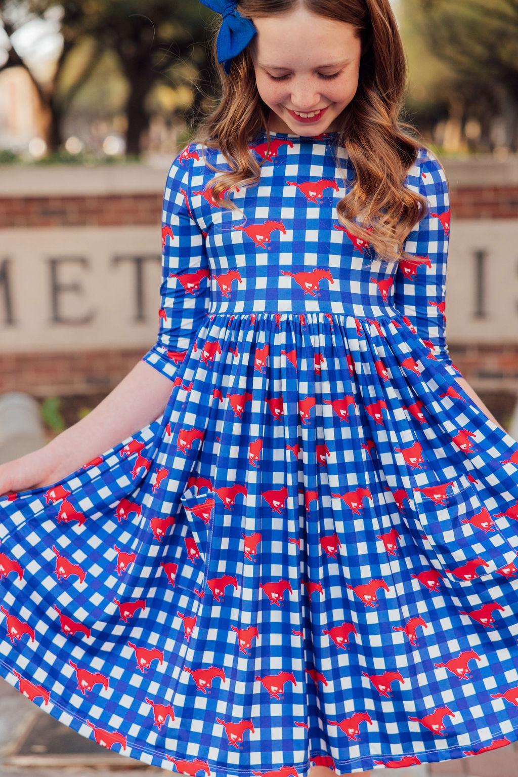 SMU Plaid Mustang 3/4 Sleeve Pocket Twirl Dress-Mila & Rose ®