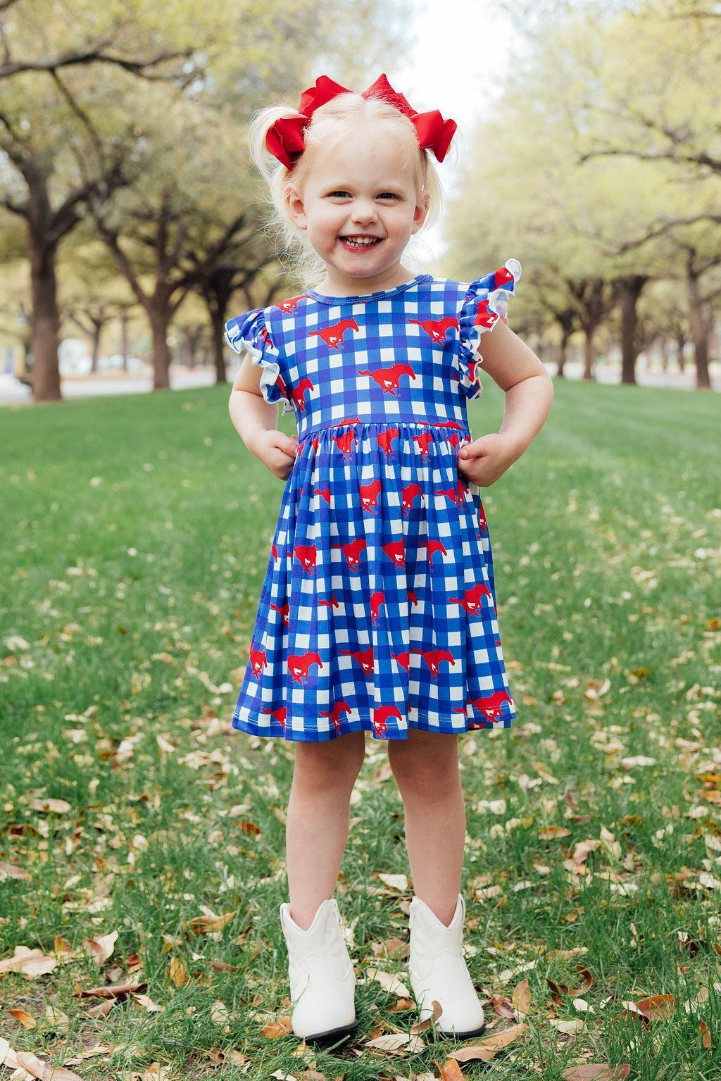 SMU Plaid Mustang Flutter Twirl Dress-Mila & Rose ®