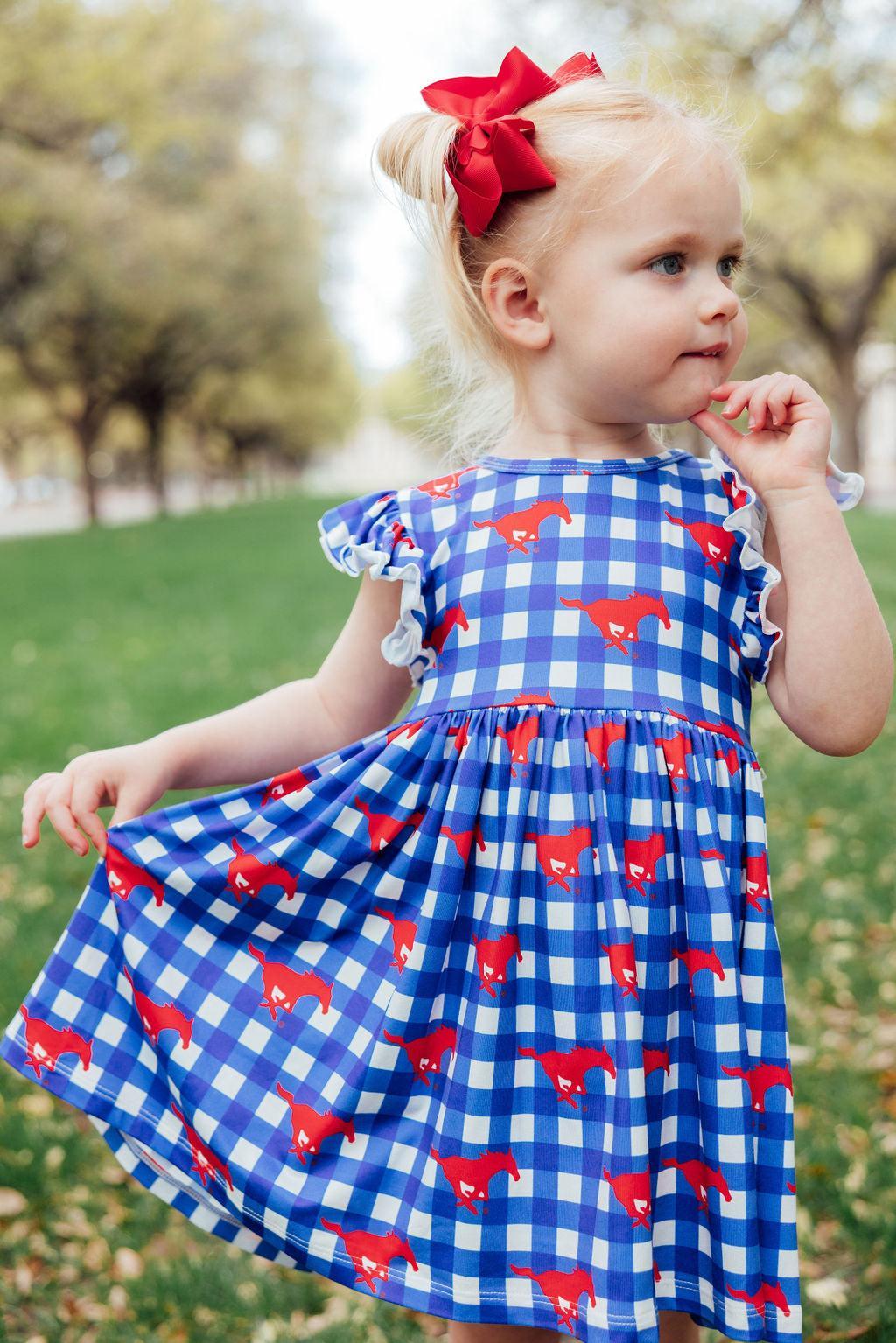 SMU Plaid Mustang Flutter Twirl Dress-Mila & Rose ®