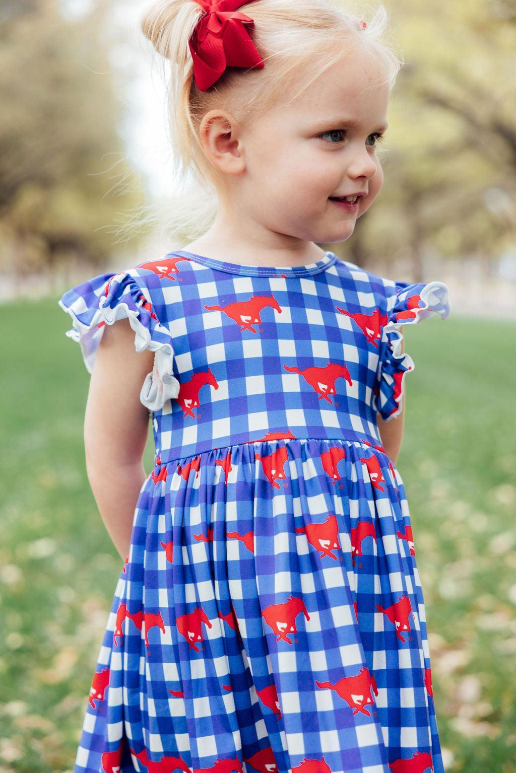 SMU Plaid Mustang Flutter Twirl Dress-Mila & Rose ®