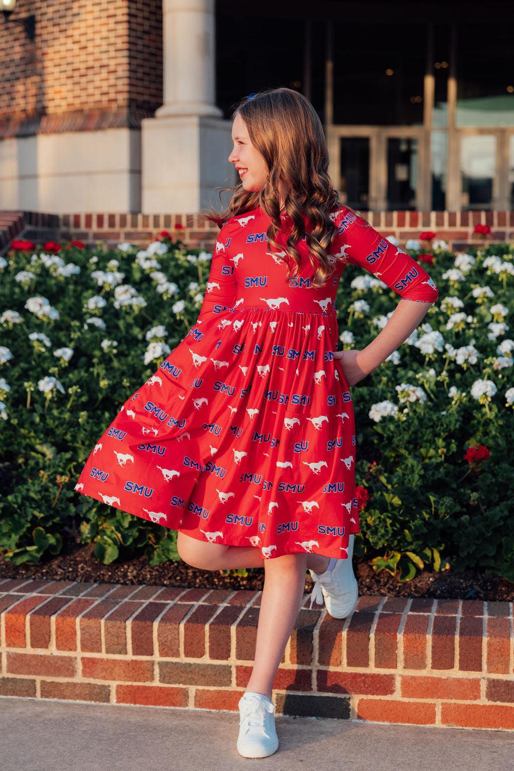 Girls' SMU Red Mustang 3/4 Sleeve Pocket Twirl Dress Size: 5/6 by Mila & Rose