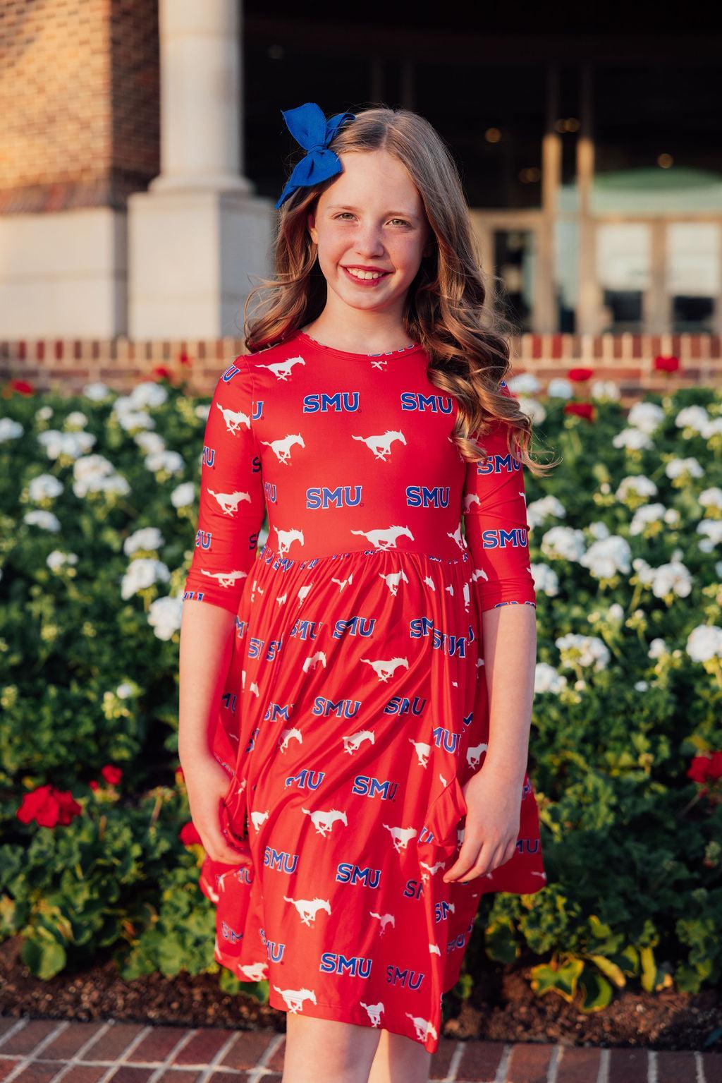 SMU Red Mustang 3/4 Sleeve Pocket Twirl Dress-Mila & Rose ®
