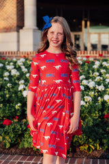 SMU Red Mustang 3/4 Sleeve Pocket Twirl Dress-Mila & Rose ®