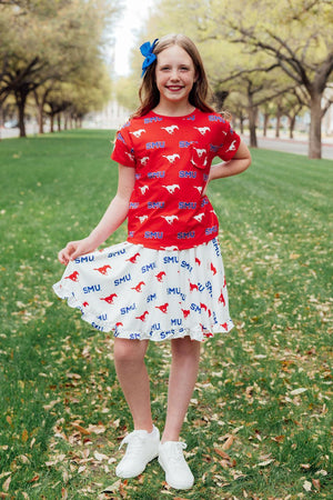 SMU Red Mustang Ruffle Pocket Tee-Mila & Rose ®