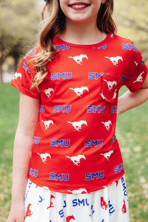 SMU Red Mustang Ruffle Pocket Tee-Mila & Rose ®