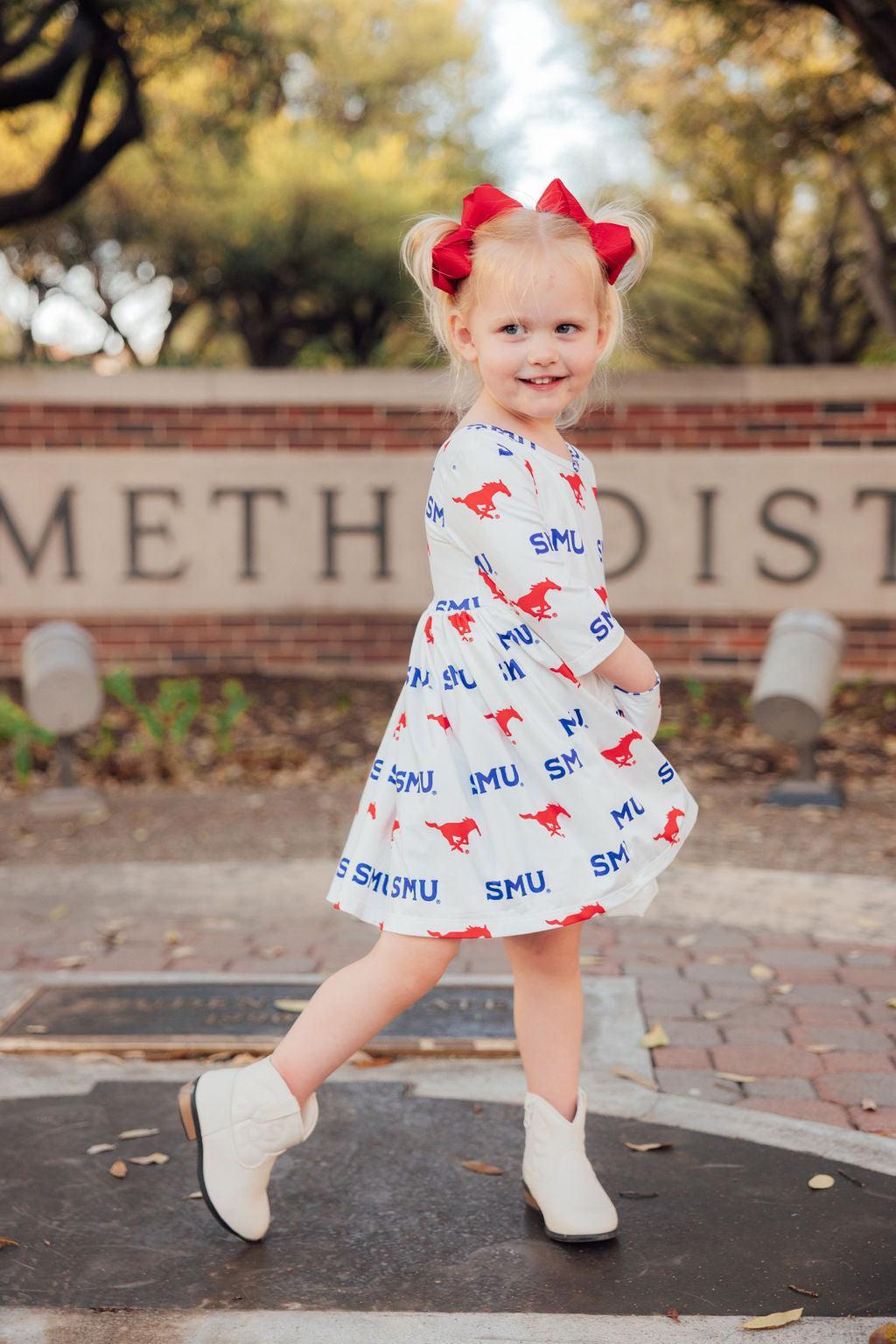 SMU White Mustang 3/4 Sleeve Pocket Twirl Dress-Mila & Rose ®
