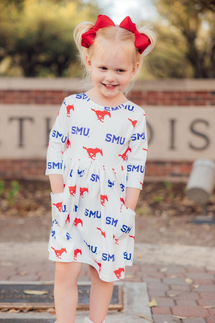 SALE SMU White Mustang 3/4 Sleeve Pocket Twirl Dress-Mila & Rose ®