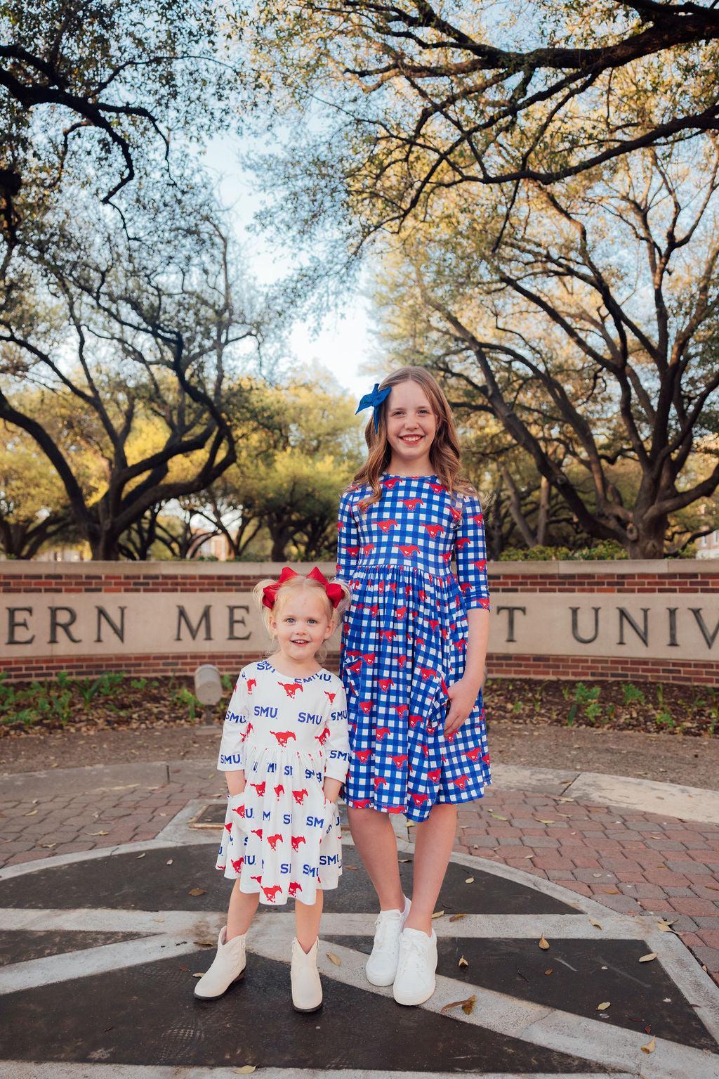 SMU White Mustang 3/4 Sleeve Pocket Twirl Dress-Mila & Rose ®