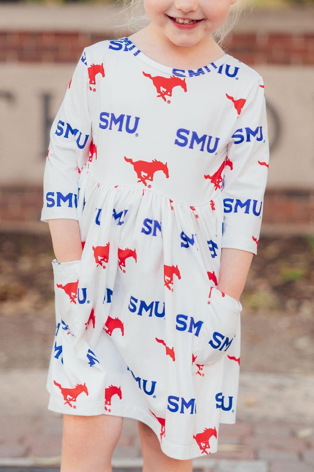 SMU White Mustang 3/4 Sleeve Pocket Twirl Dress-Mila & Rose ®