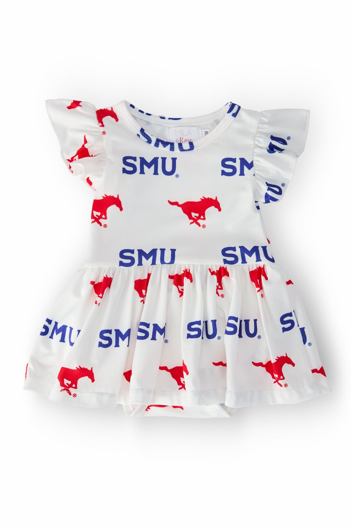 SMU White Mustang S/S Flutter Twirl Bodysuit-Mila & Rose ®
