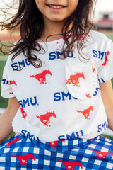 SMU White Mustang Ruffle Pocket Tee-Mila & Rose ®