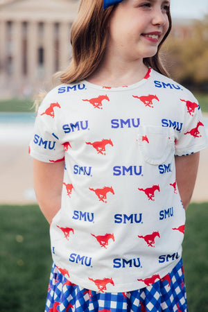SMU White Mustang Ruffle Pocket Tee-Mila & Rose ®